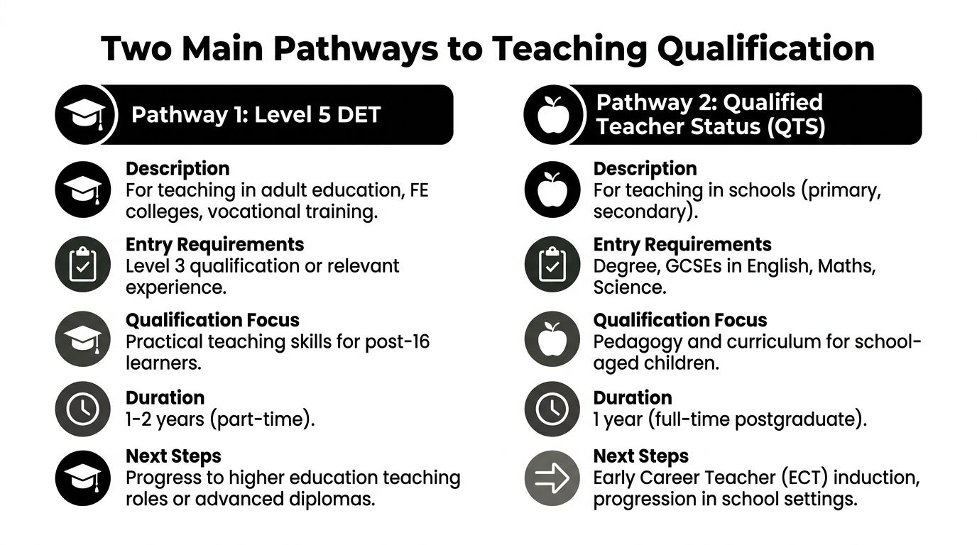 An infographic comparing Level 5 DET and Qualified Teacher Status pathways for teaching qualifications.