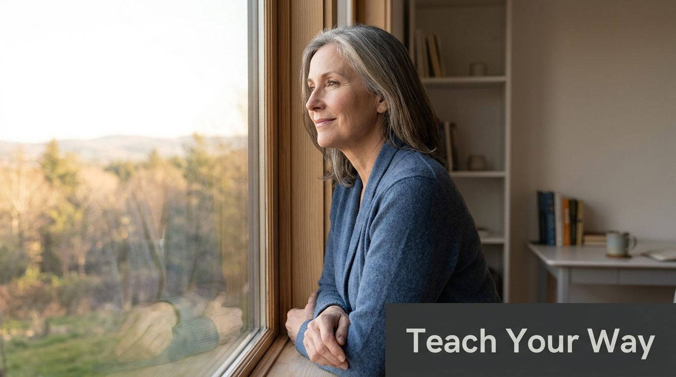 A middle-aged woman with grey hair smiles while looking thoughtfully out a window during the daytime.
