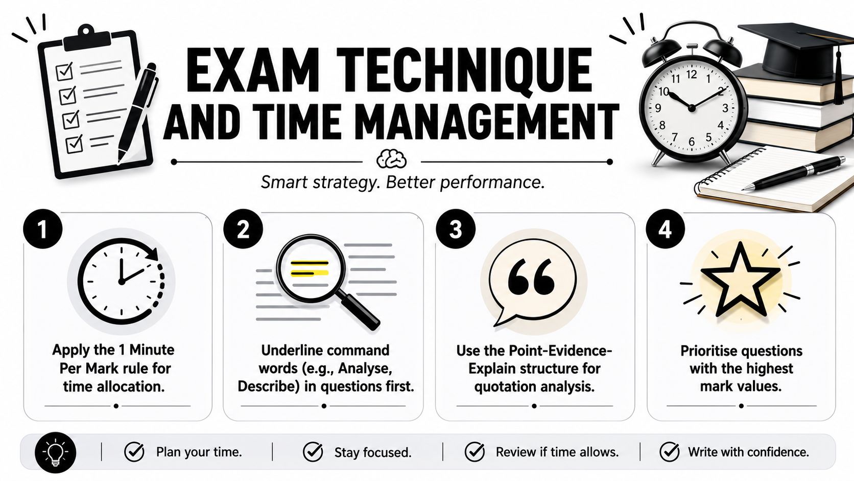 A visual guide outlining four key exam technique and time management strategies for improved student academic performance.