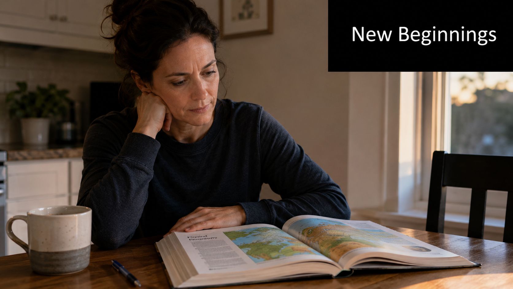 A woman sits at a wooden table reading a large geography textbook with a cup of coffee nearby.