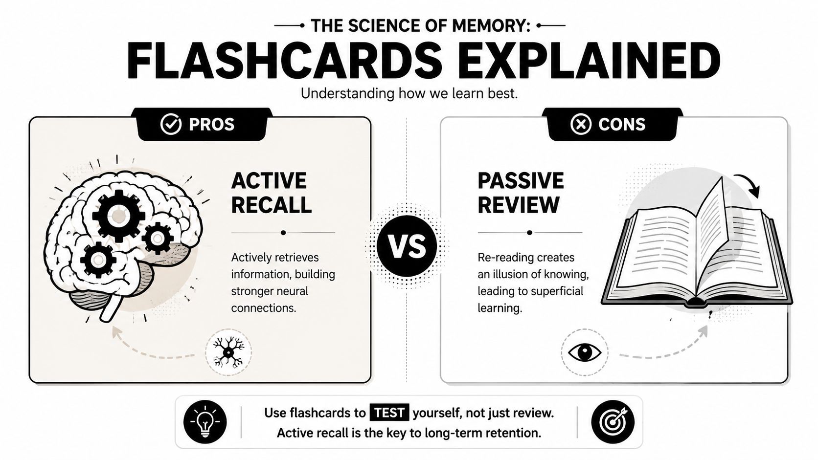 An infographic titled Flashcards Explained comparing active recall with passive review to improve memory retention.