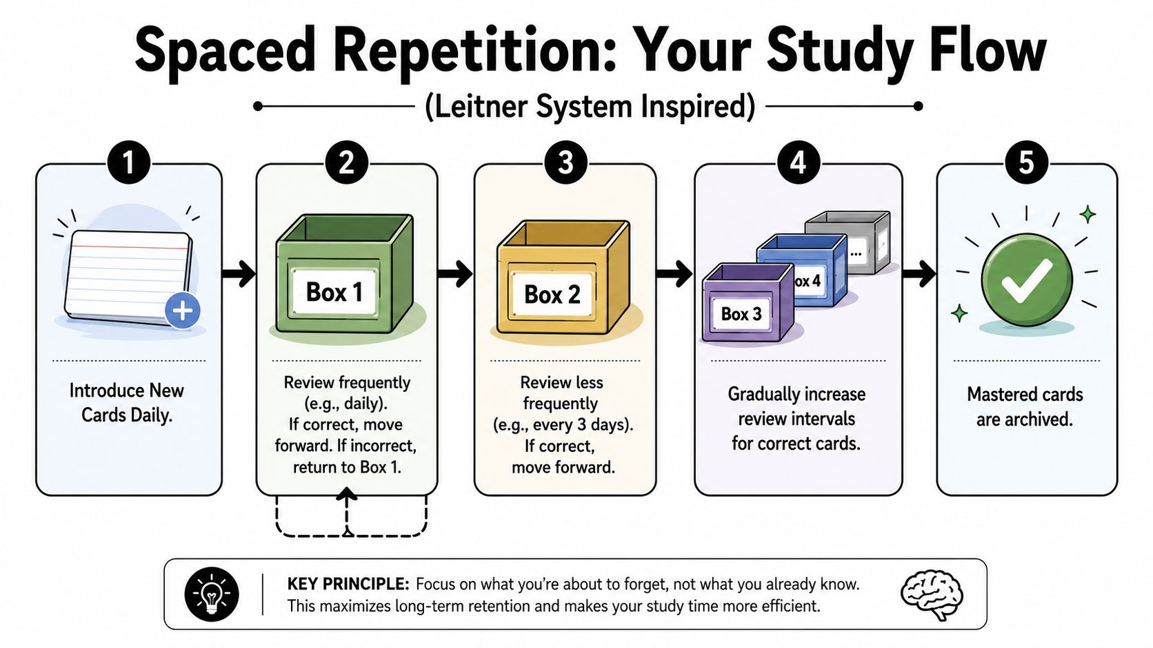 A five-step infographic explaining the Leitner system for spaced repetition study flow using flashcard boxes.
