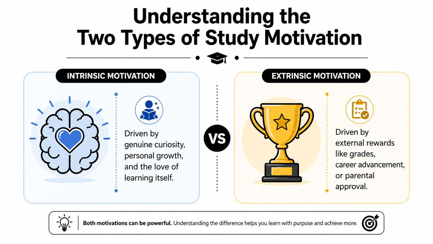 A comparison infographic showing intrinsic versus extrinsic motivation for students studying, represented by brain and trophy icons.