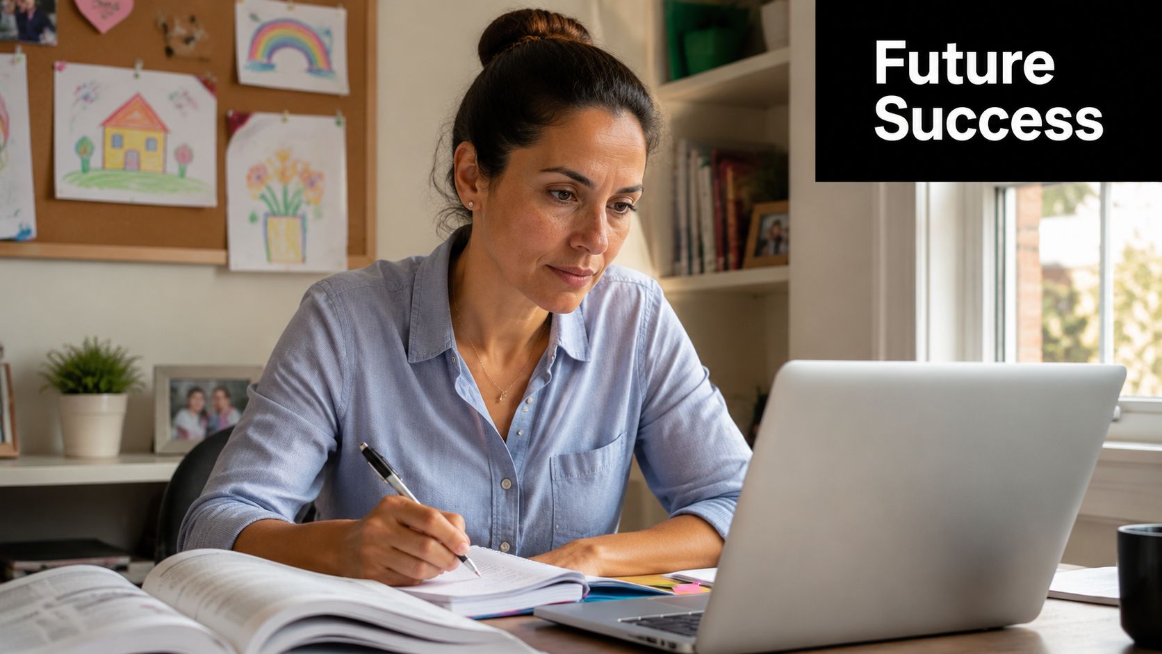 A focused woman studies at a desk with a laptop and notebook to improve her academic performance.