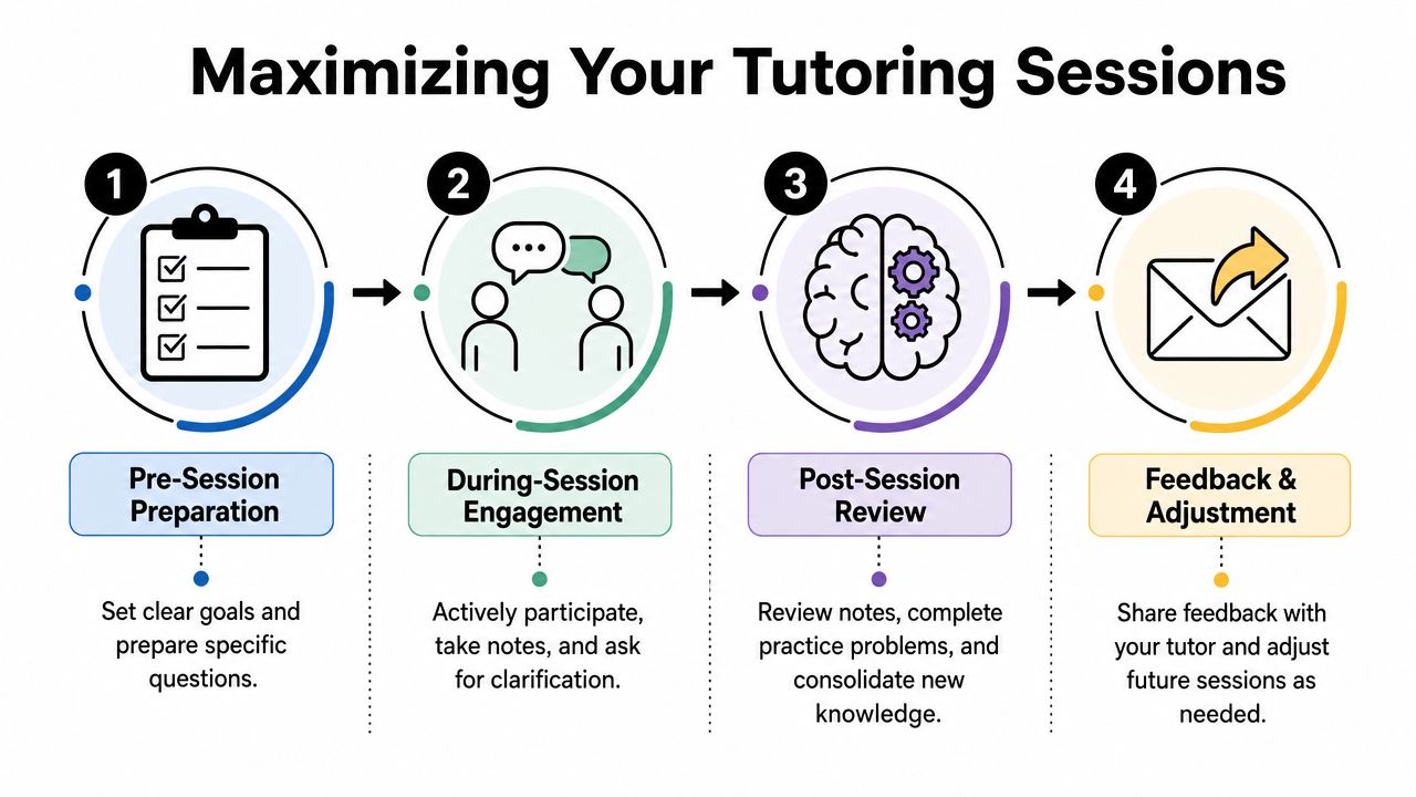 A four-step infographic illustrating strategies for students to maximize the effectiveness of their tutoring sessions.