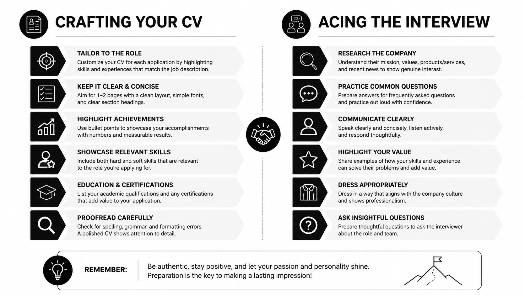 An infographic titled Crafting Your CV and Acing the Interview, offering professional tips for job applicants.