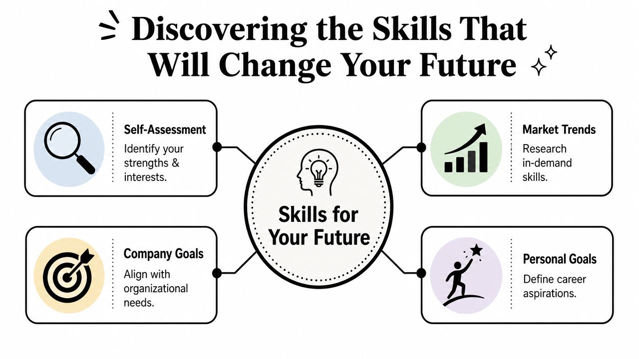 A diagram illustrating the four key components for identifying skills that will shape your professional future.