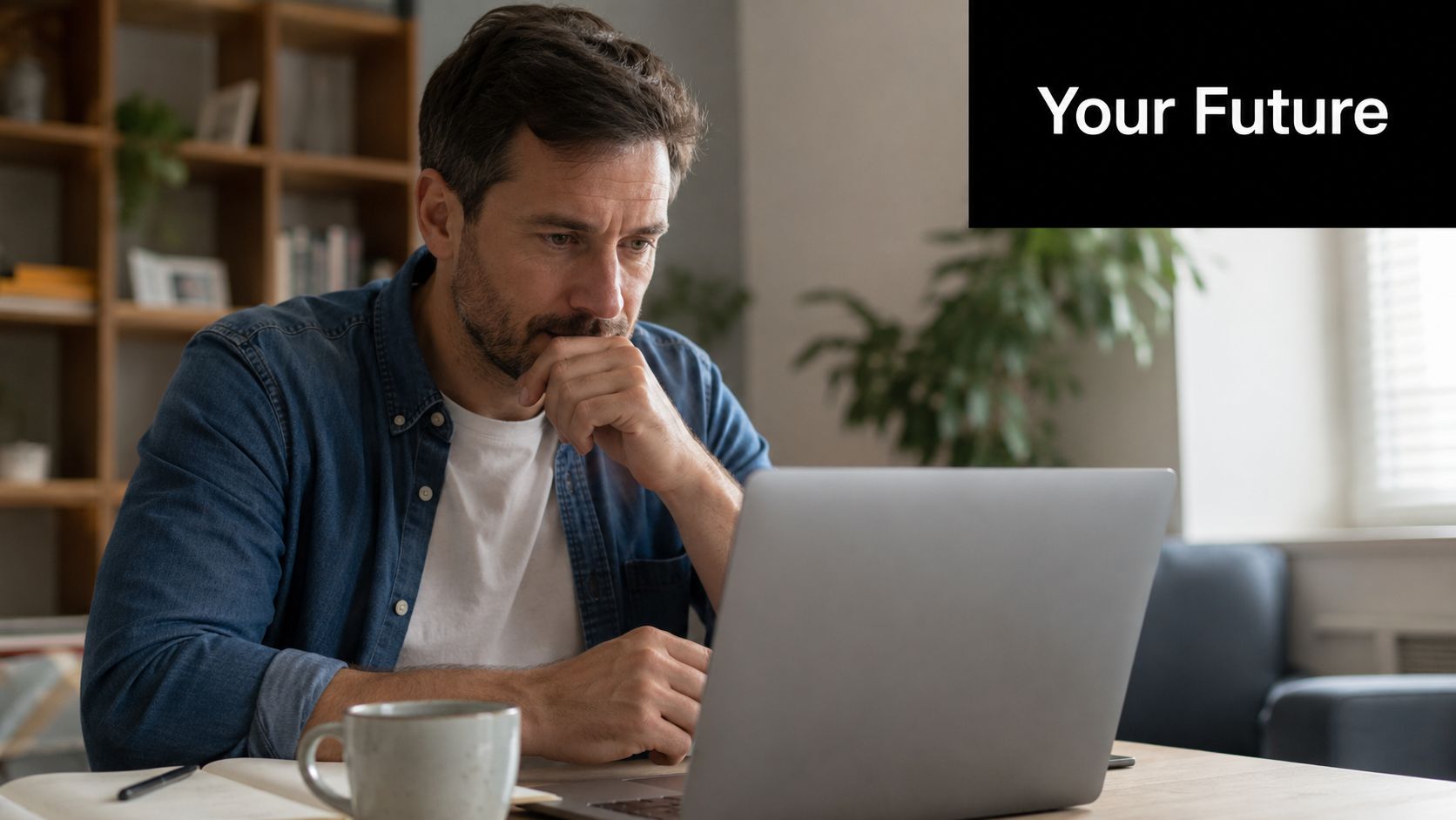 A focused man sitting at a desk and thoughtfully looking at his laptop screen at home.
