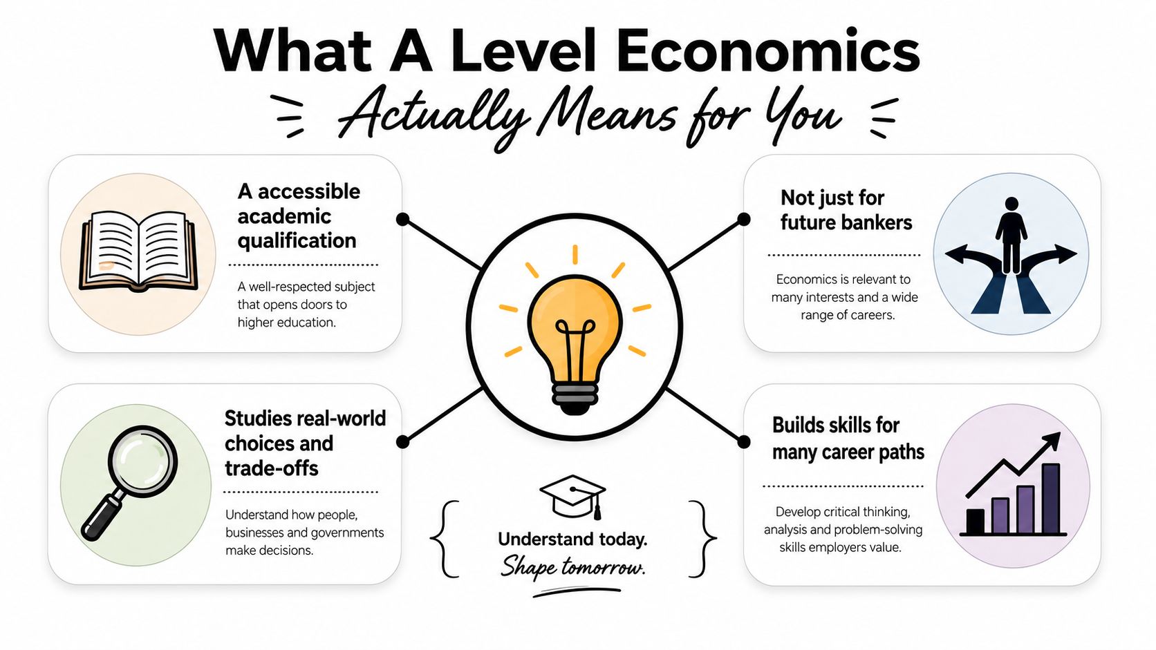 An infographic titled What A Level Economics Means For You highlighting benefits, skills, and career opportunities.
