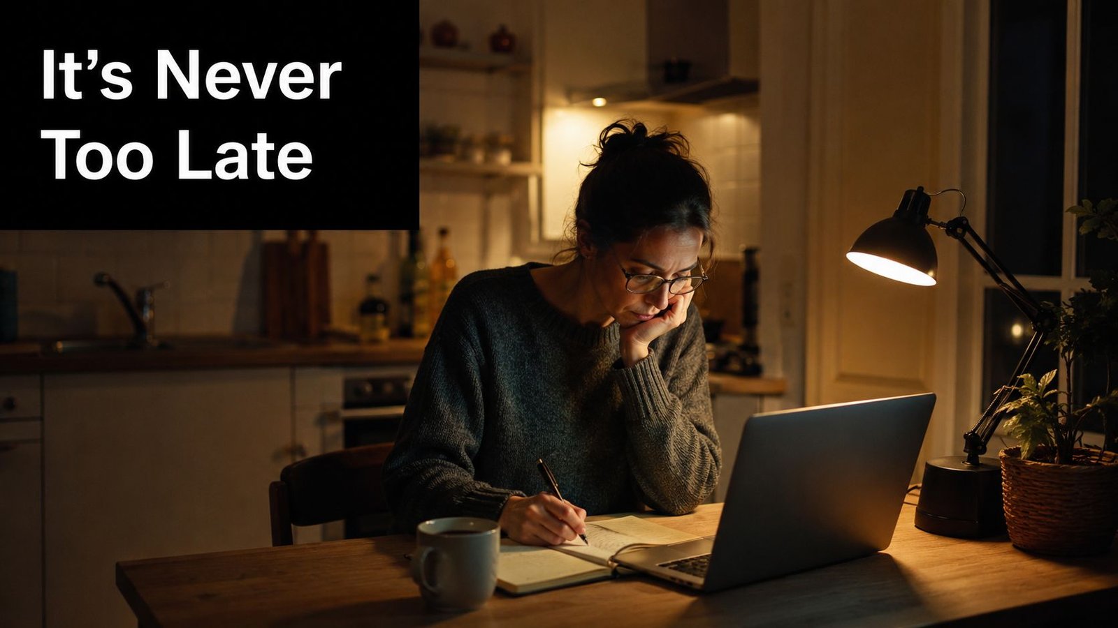 A woman working late at night on her laptop while taking notes at a wooden table.