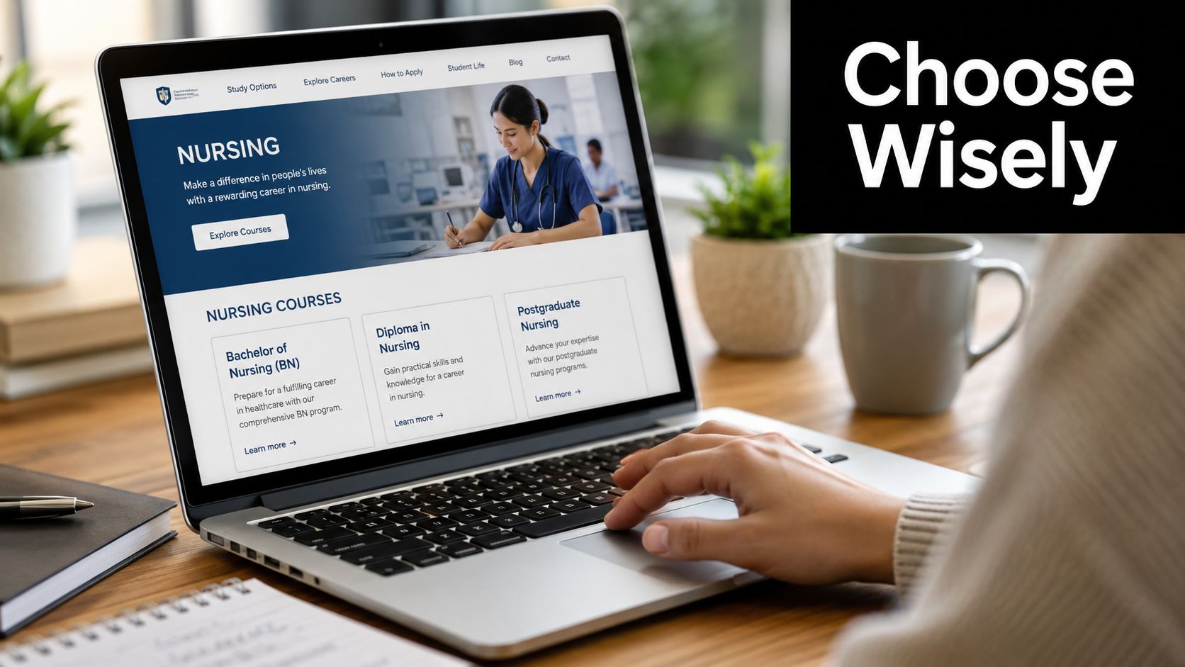 A person using a laptop to research nursing programs on an educational website from a home desk.