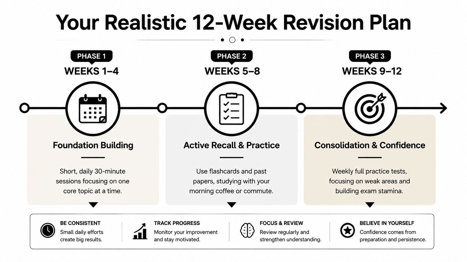 A visual guide for a 12-week revision plan broken into three phases: foundation, practice, and consolidation.