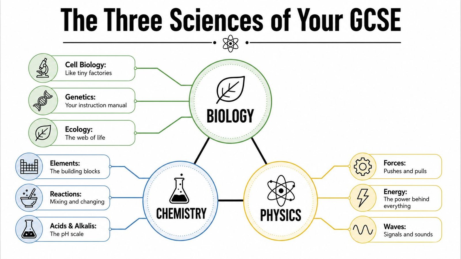 A diagram illustrating the three GCSE science subjects: biology, chemistry, and physics, with their key topics.