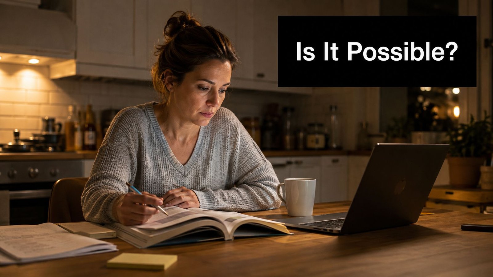 A focused woman studying for her combined science GCSE exam at a wooden kitchen table at night.