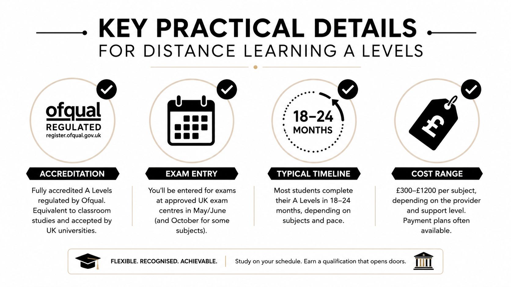 An infographic showing the key practical details of distance learning for A-level exams and qualifications.
