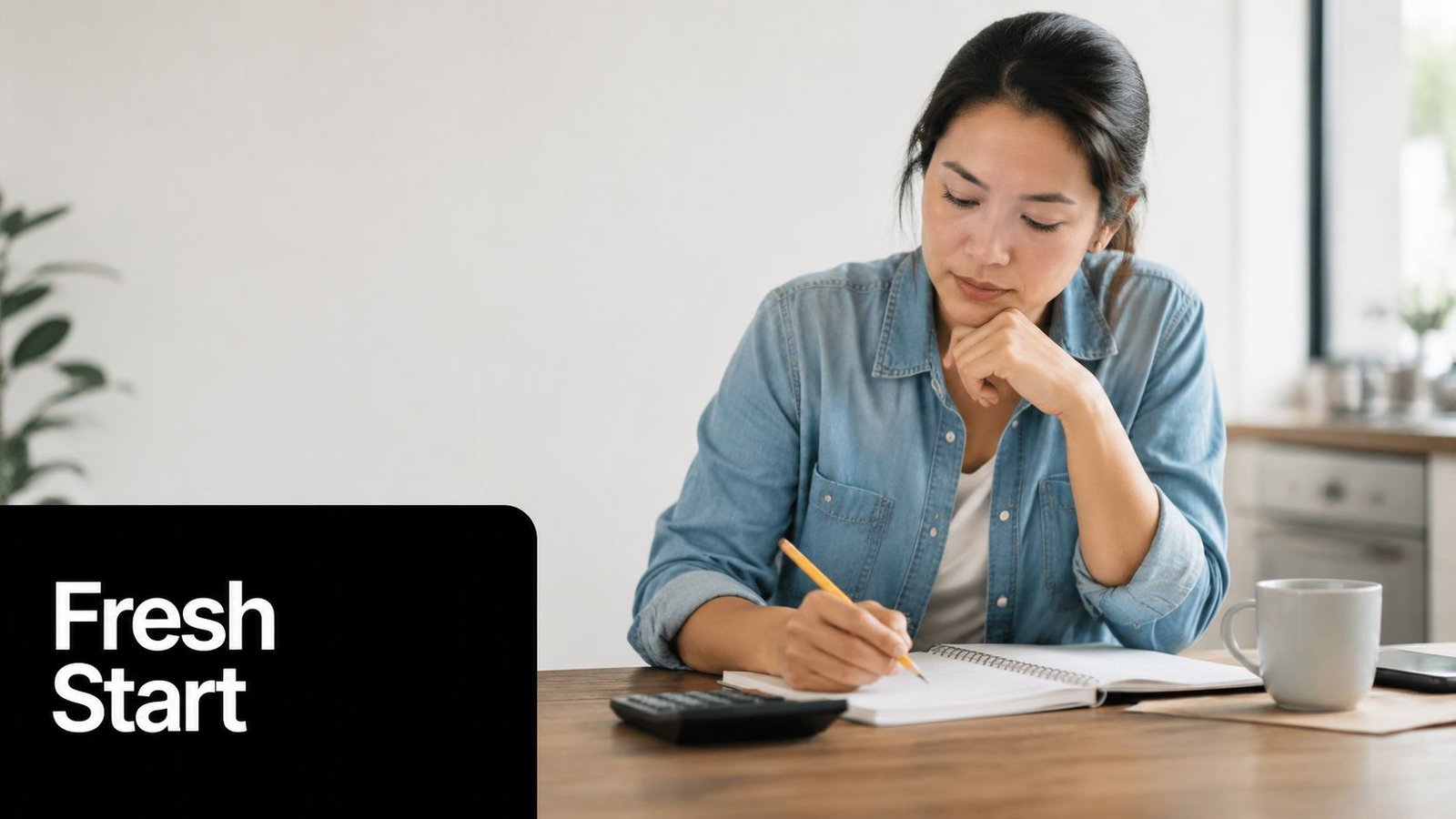 A focused woman sitting at a desk with a calculator and notebook, planning her personal budget.