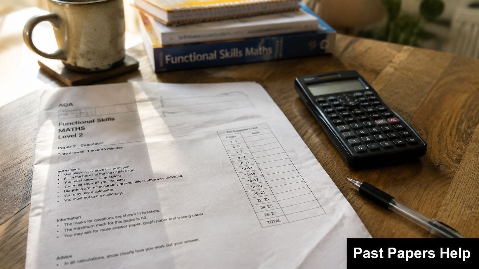 An AQA Functional Skills Maths exam paper with a calculator and pen on a wooden table.