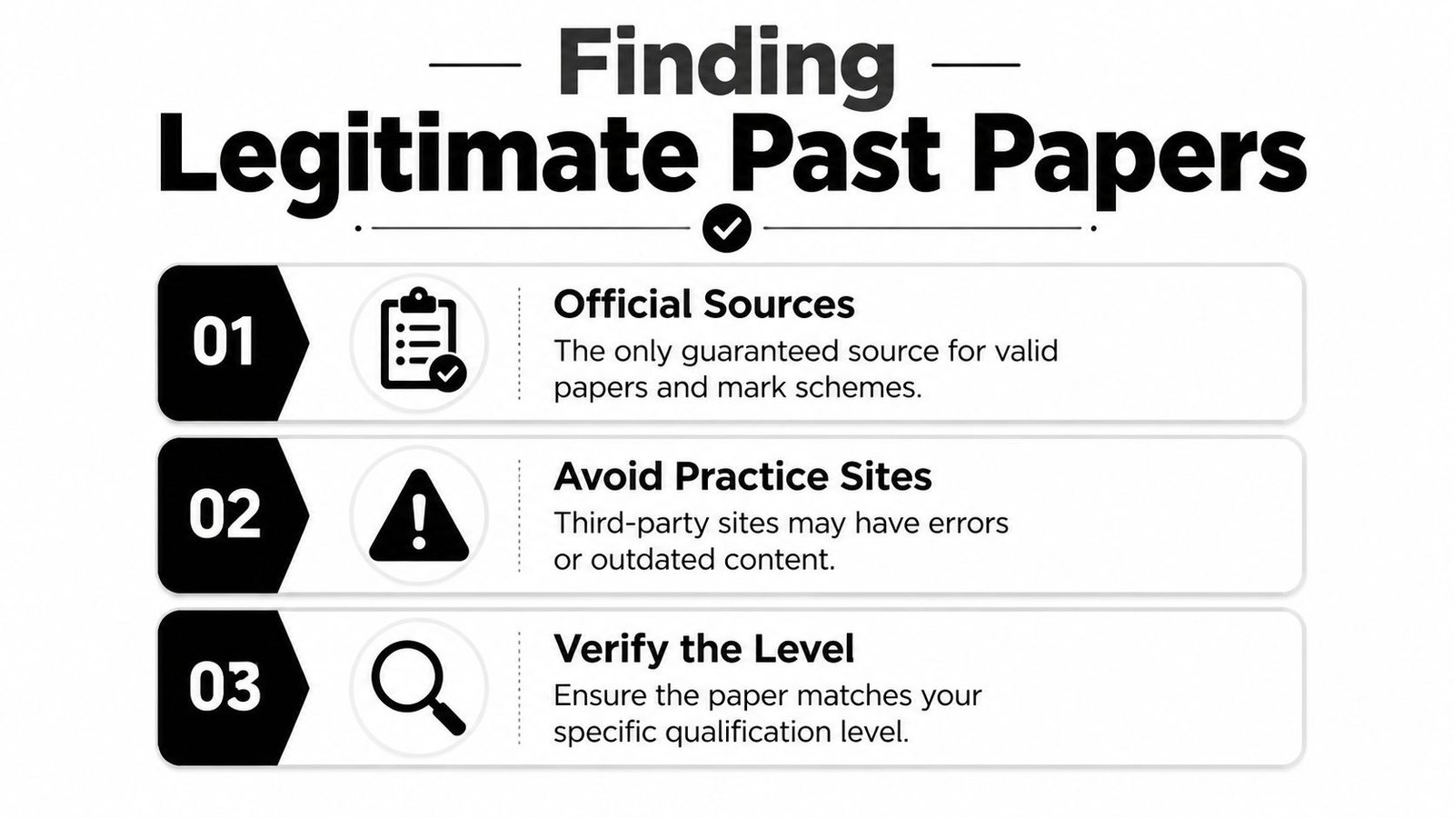 An infographic titled Finding Legitimate Past Papers with three numbered points on verifying official exam resources.