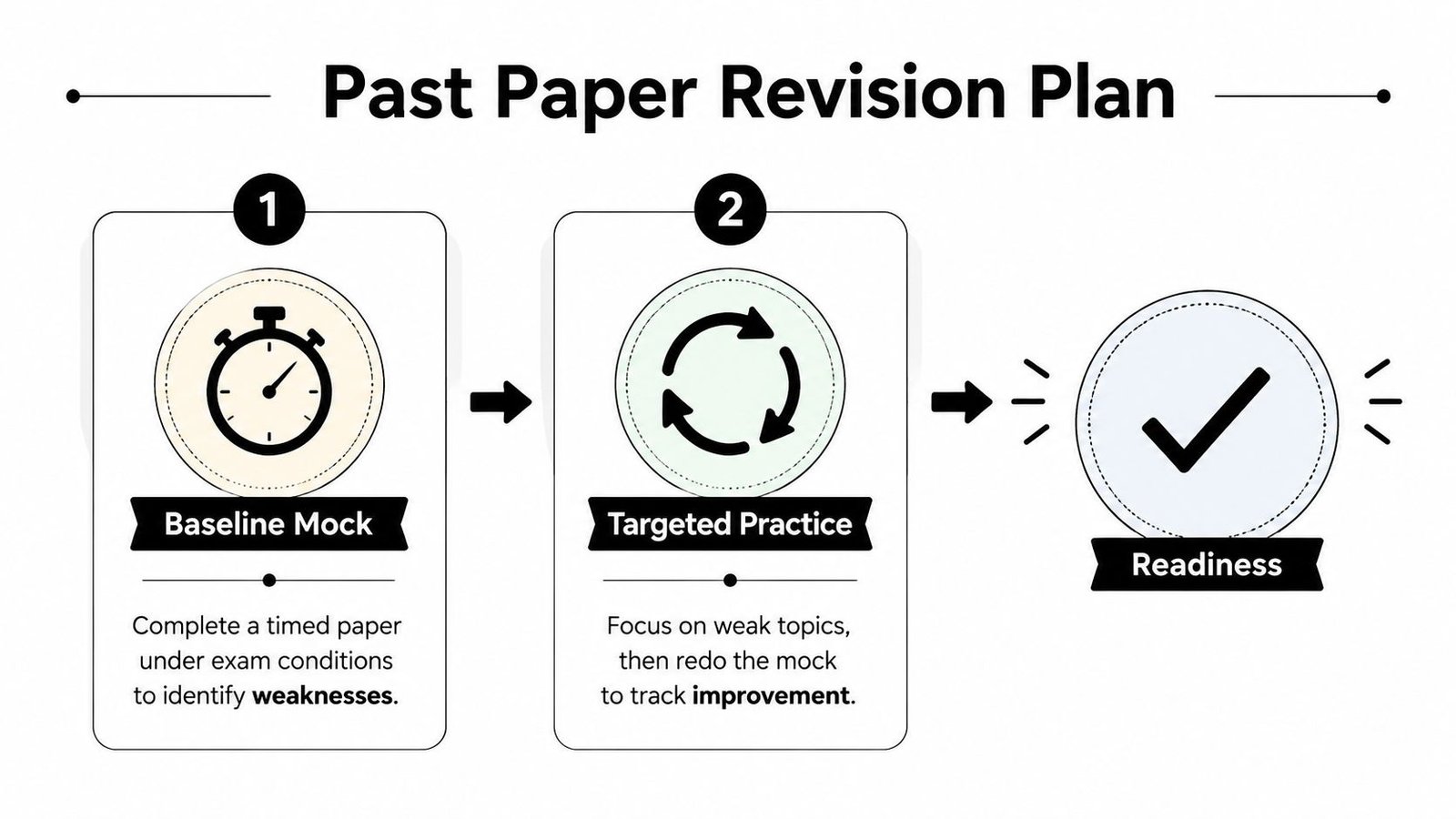 An infographic showing a three-step past paper revision plan for students to track exam preparation improvement.