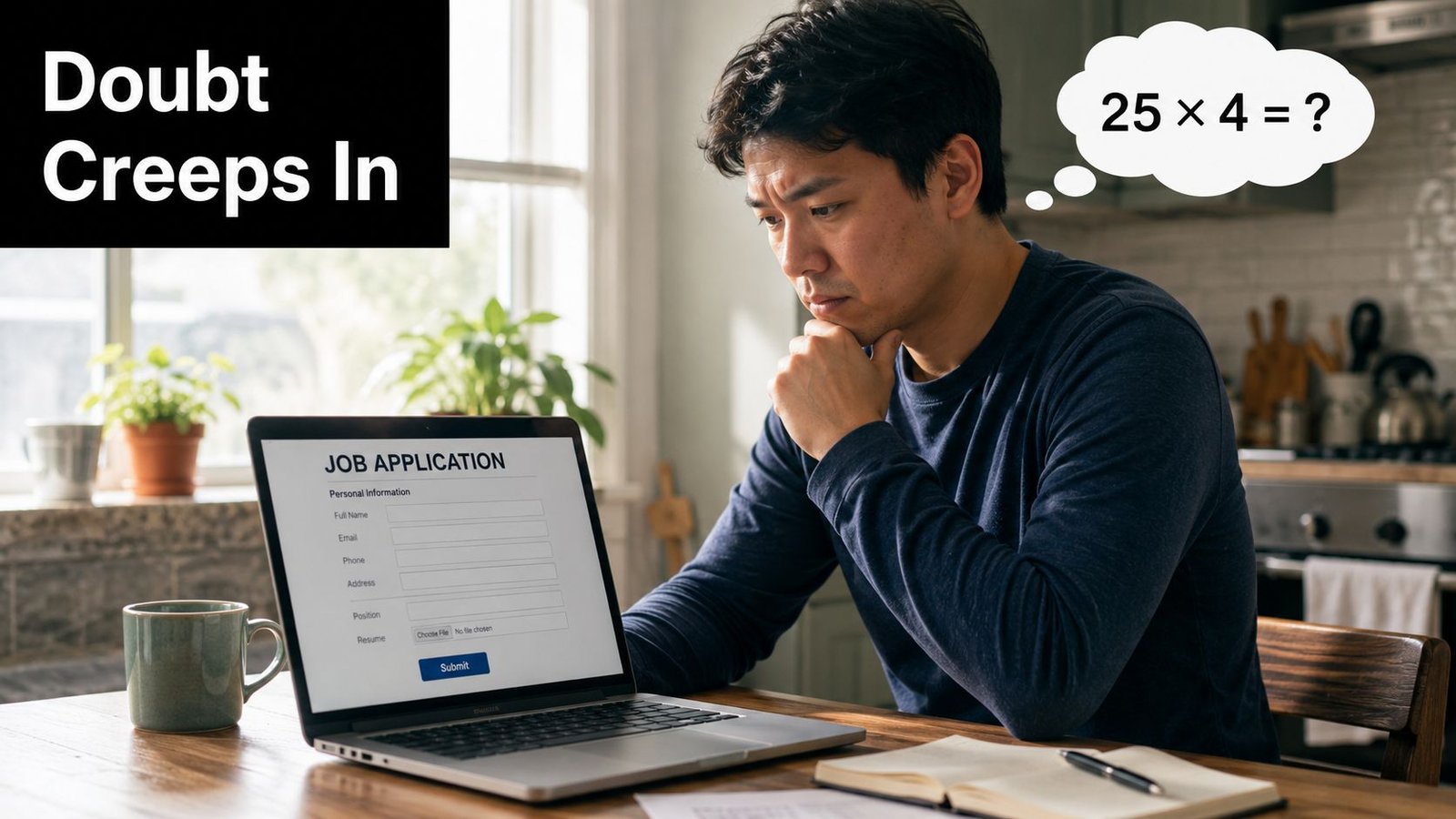 A man looking thoughtfully at a job application on his laptop, contemplating a math equation bubble.