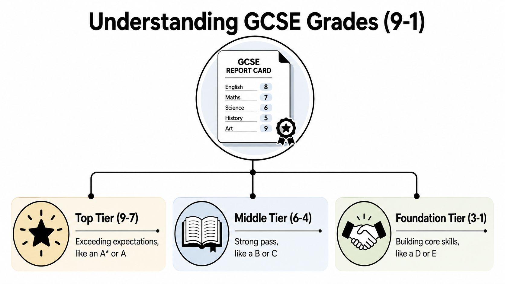 A diagram explaining the UK GCSE grading system from 9 to 1 with tiers and descriptions.