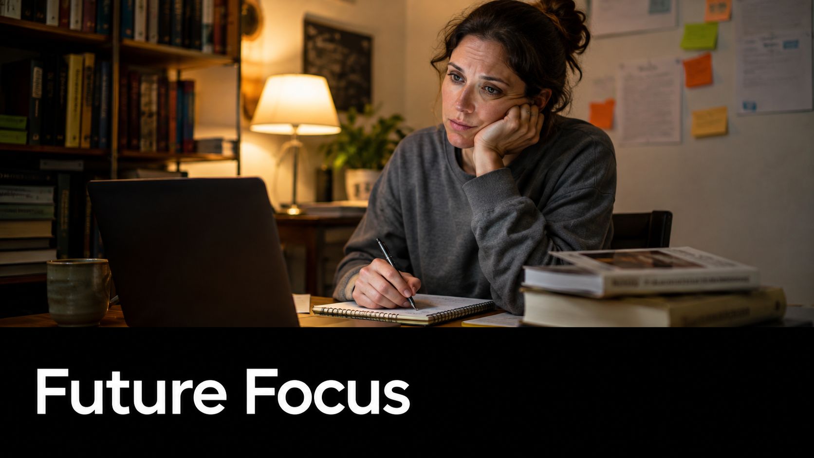 A focused woman sitting at a desk with a laptop and books, taking notes while studying at night.