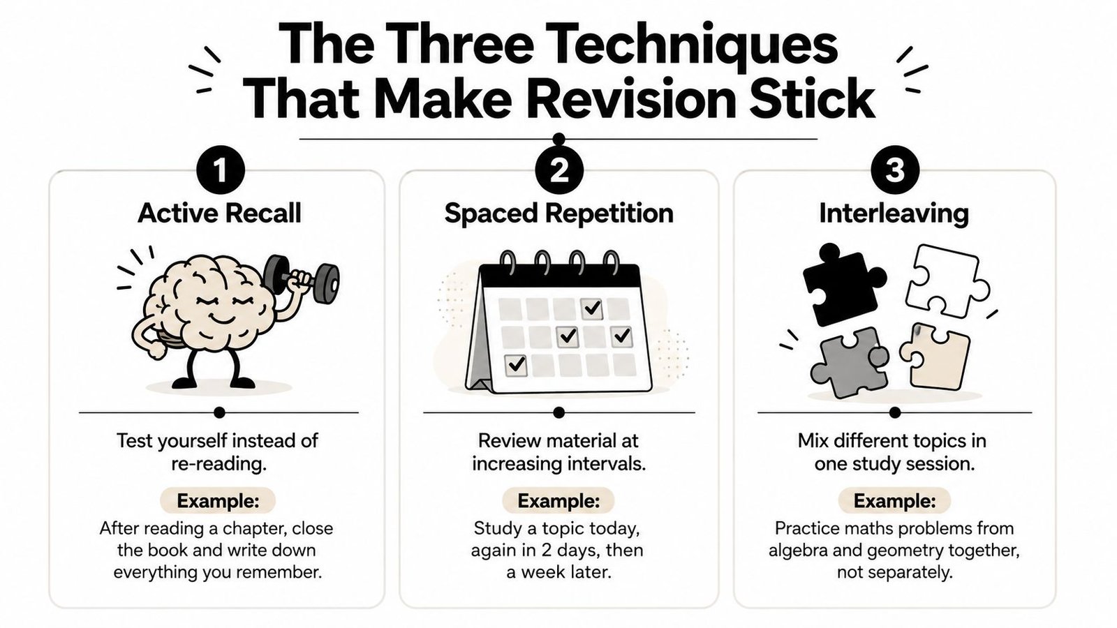 An infographic titled The Three Techniques That Make Revision Stick featuring Active Recall, Spaced Repetition, and Interleaving.