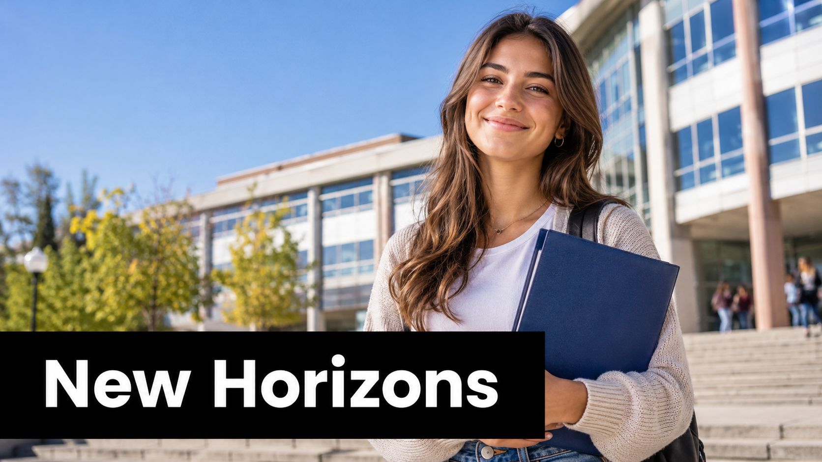 A young female student smiling and holding a blue binder in front of a college building.