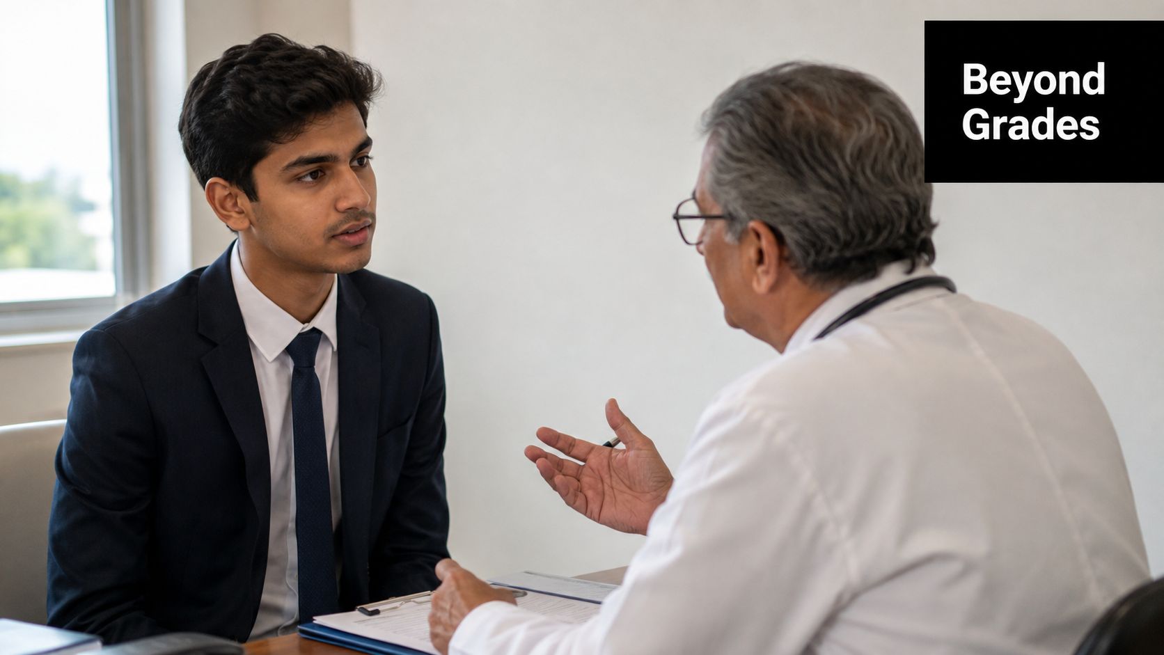 A young man in a suit discussing medical information with his doctor in an office setting.
