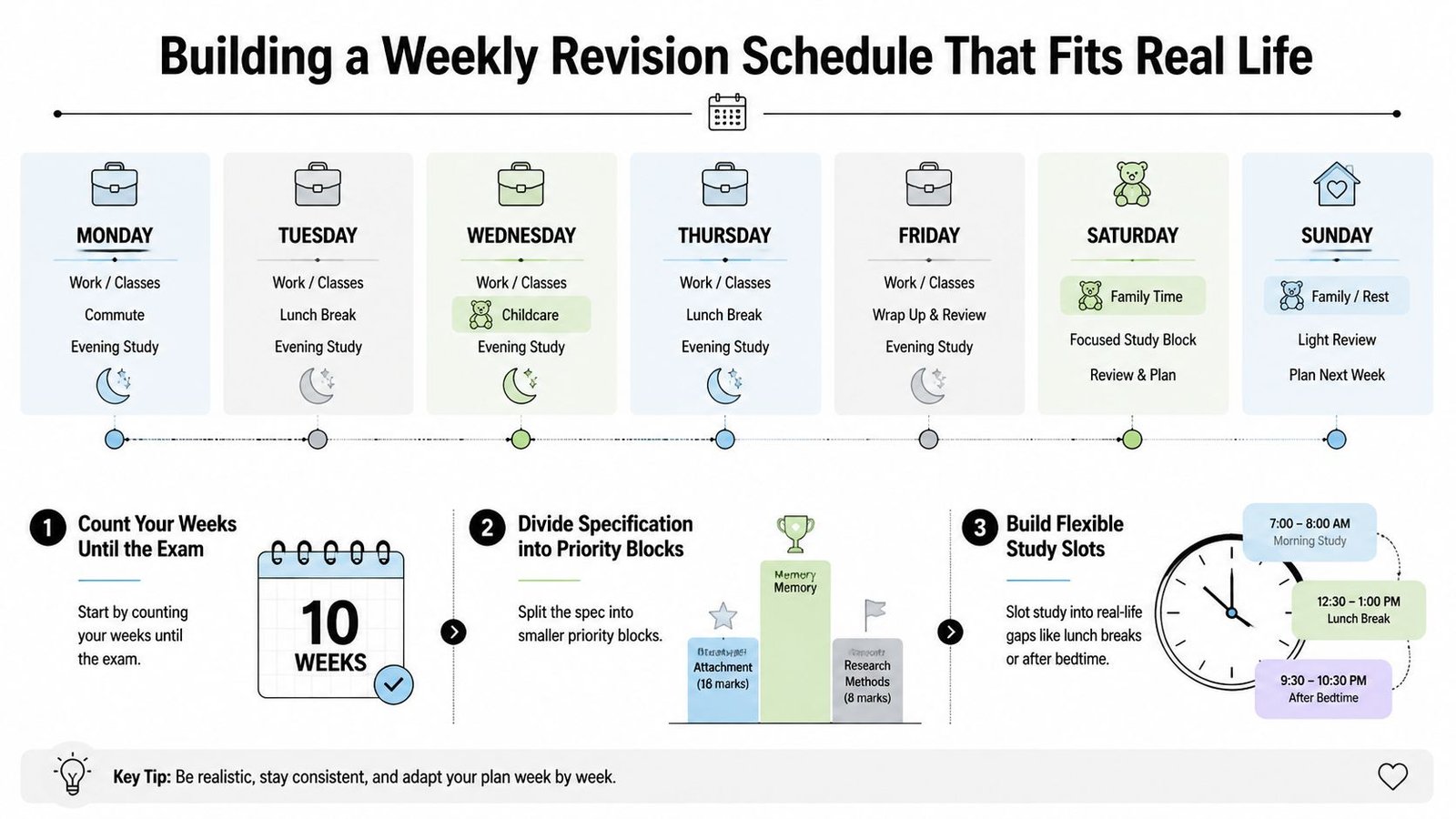 An infographic showing a weekly revision schedule, with steps to plan study time for an upcoming exam.