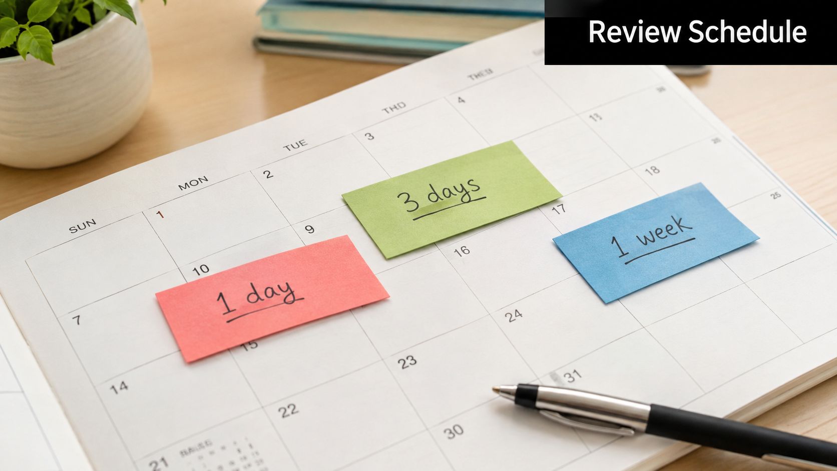 A calendar showing review schedule intervals of one day, three days, and one week on sticky notes.