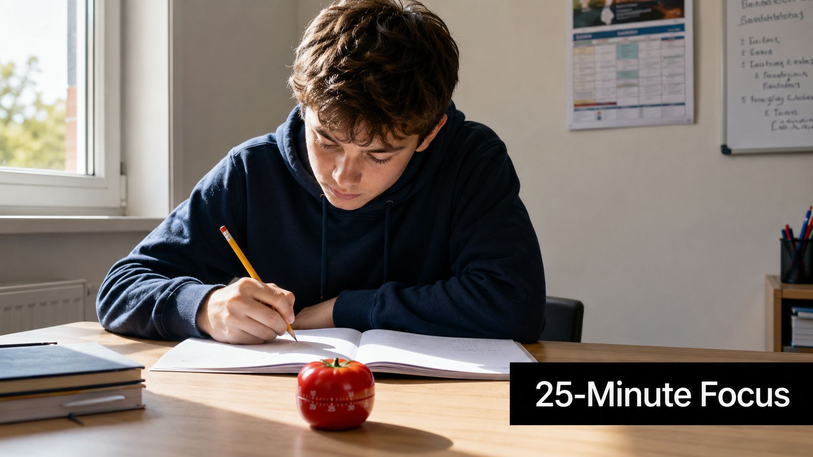 A teenage student focusing on his studies with a pomodoro timer on his desk at home.