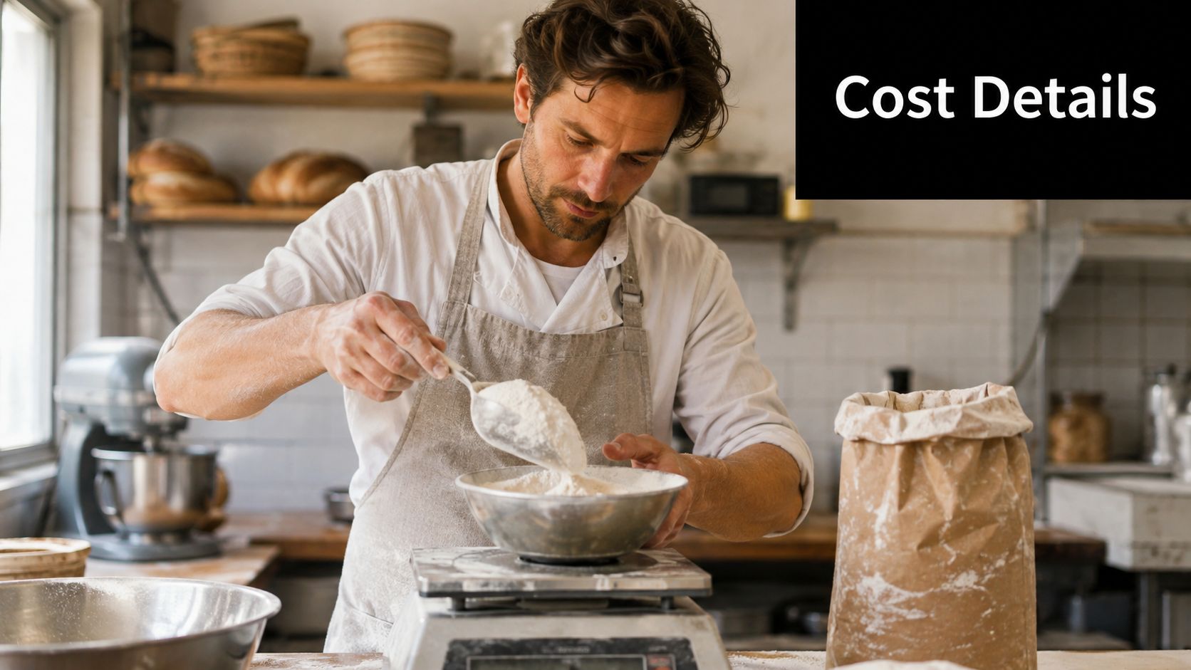 A professional male baker in a kitchen wearing an apron, carefully weighing flour for bread preparation.