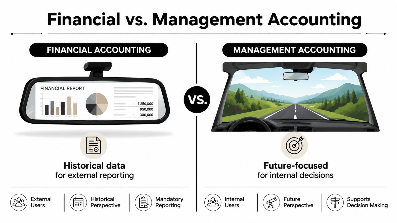 A diagram comparing financial accounting, which uses historical data for external reporting, with management accounting, which focuses on future-oriented internal decision-making.