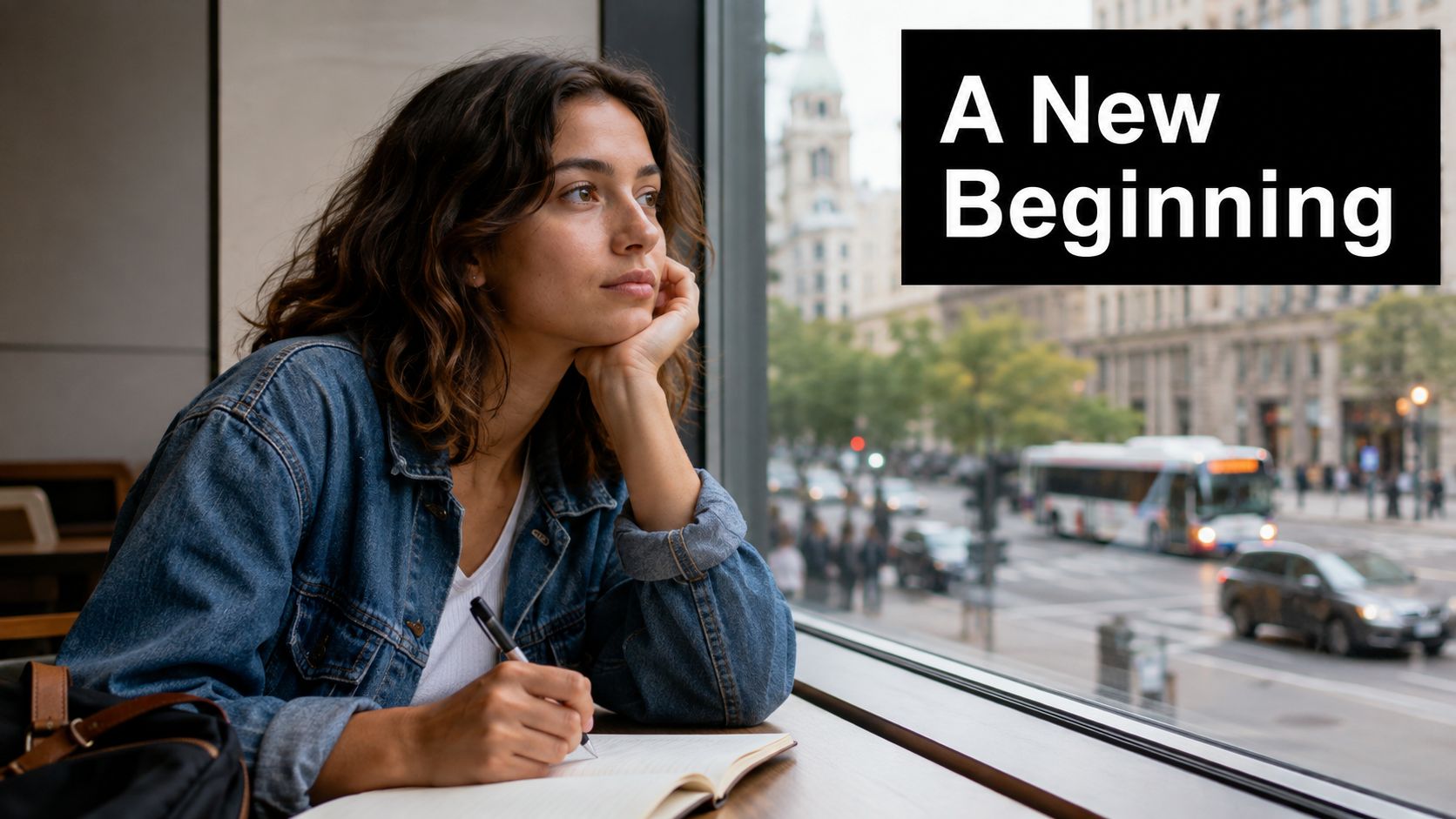 A pensive woman in a denim jacket sitting by a window, writing in a notebook in a cafe.