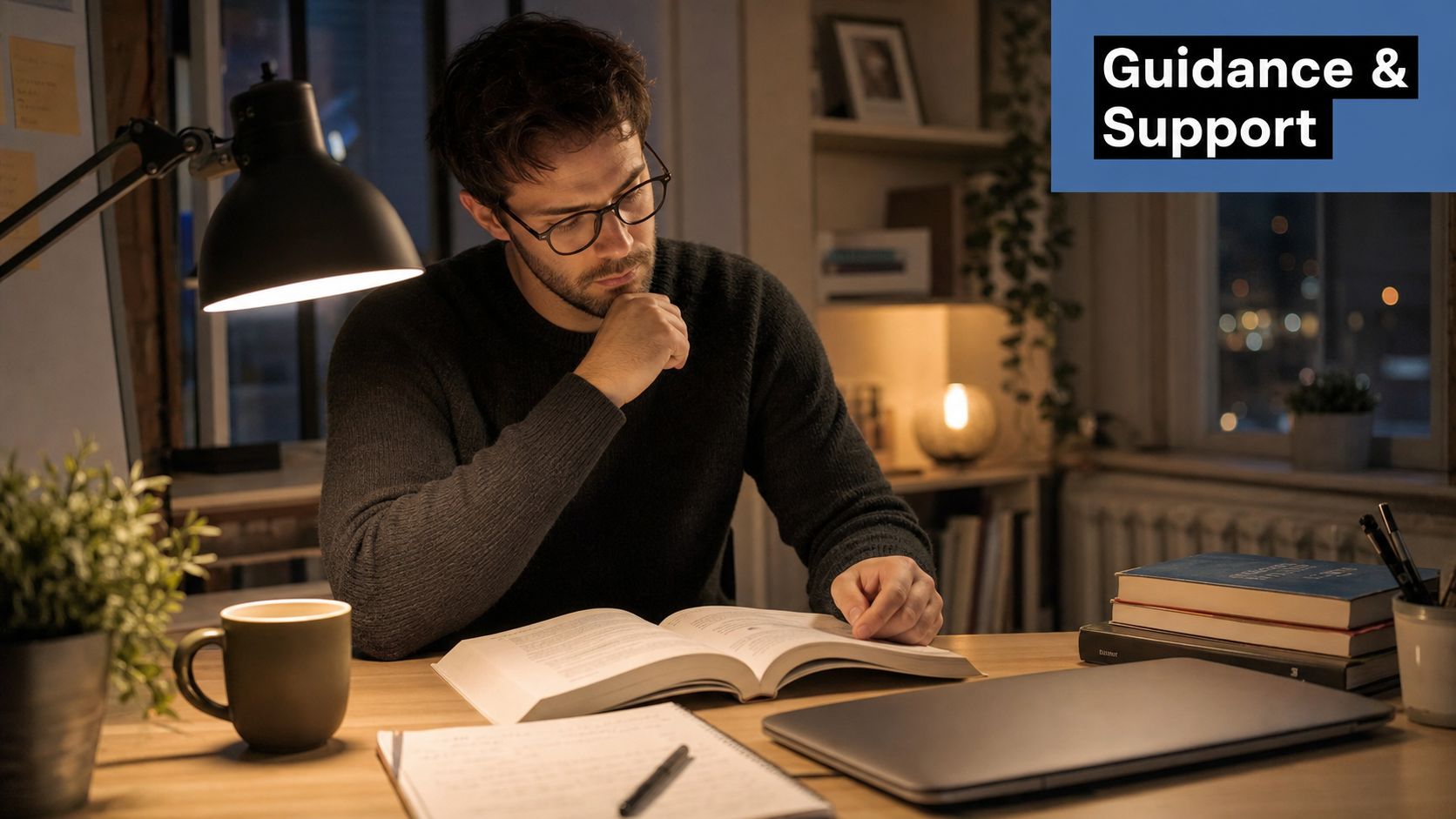 A focused student studying at a desk with an open textbook and a laptop at night.