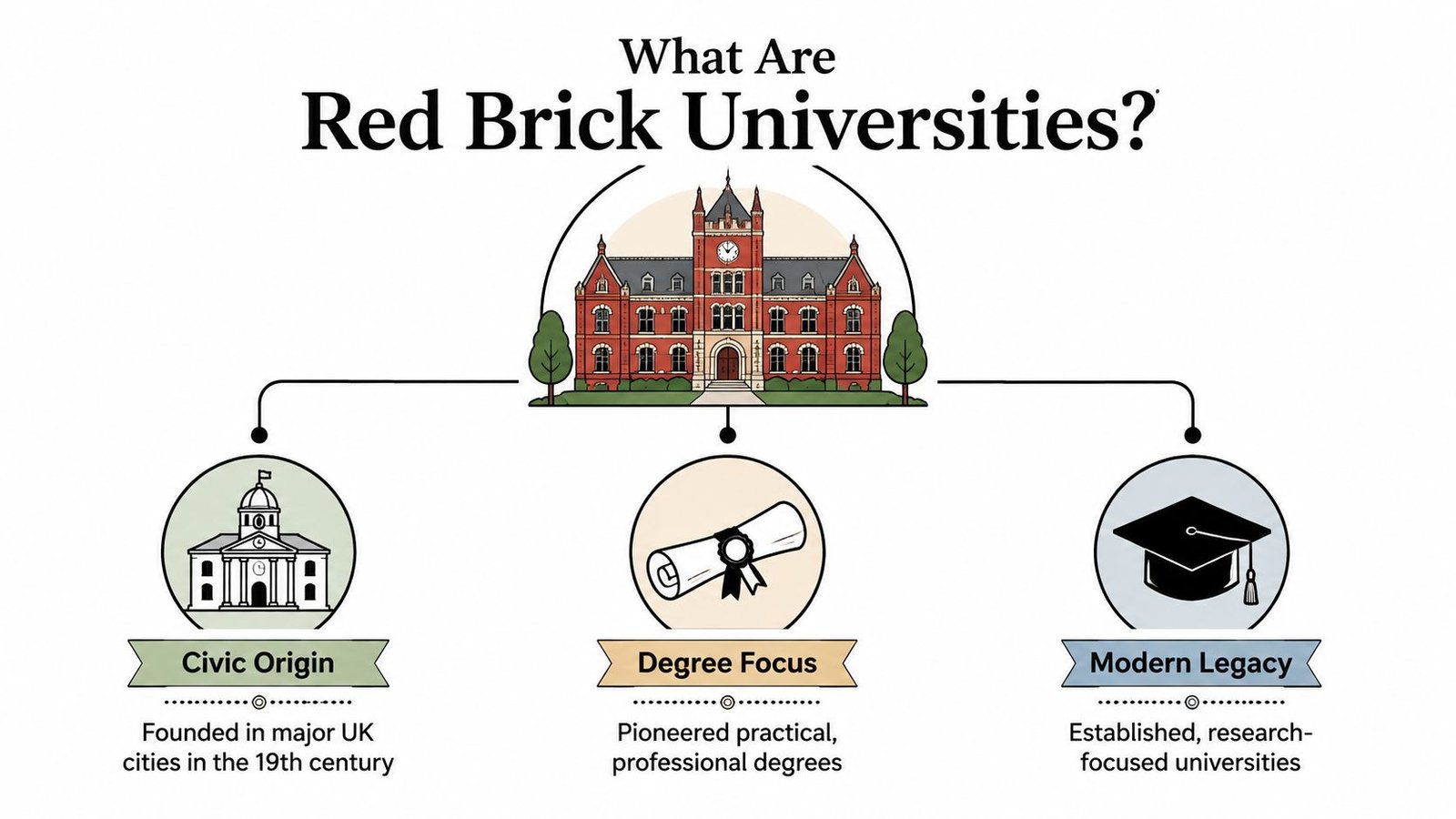 An infographic titled What Are Red Brick Universities showing their civic origins, degree focus, and modern legacy.