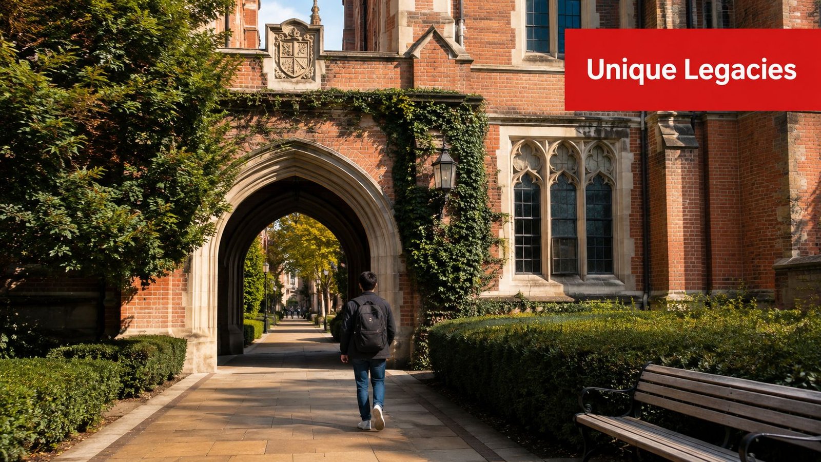 A student walking through a historic stone archway of a red brick university campus building.