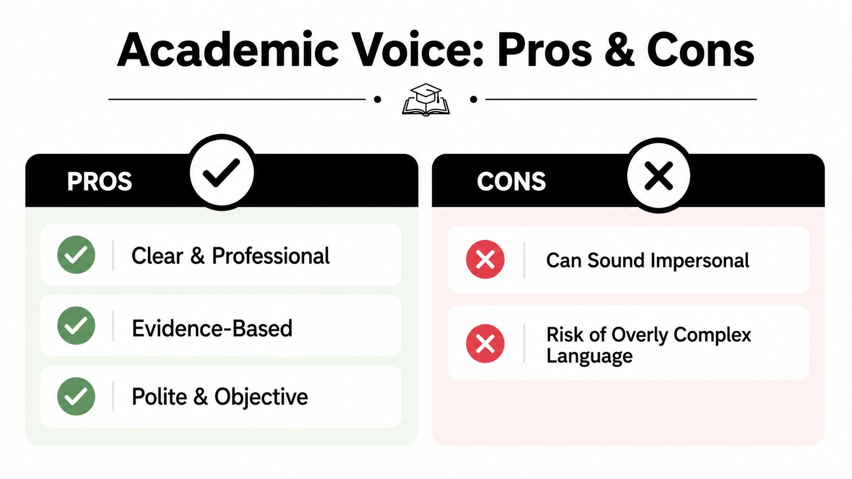 A comparison chart showing the advantages and disadvantages of using formal academic voice in writing.