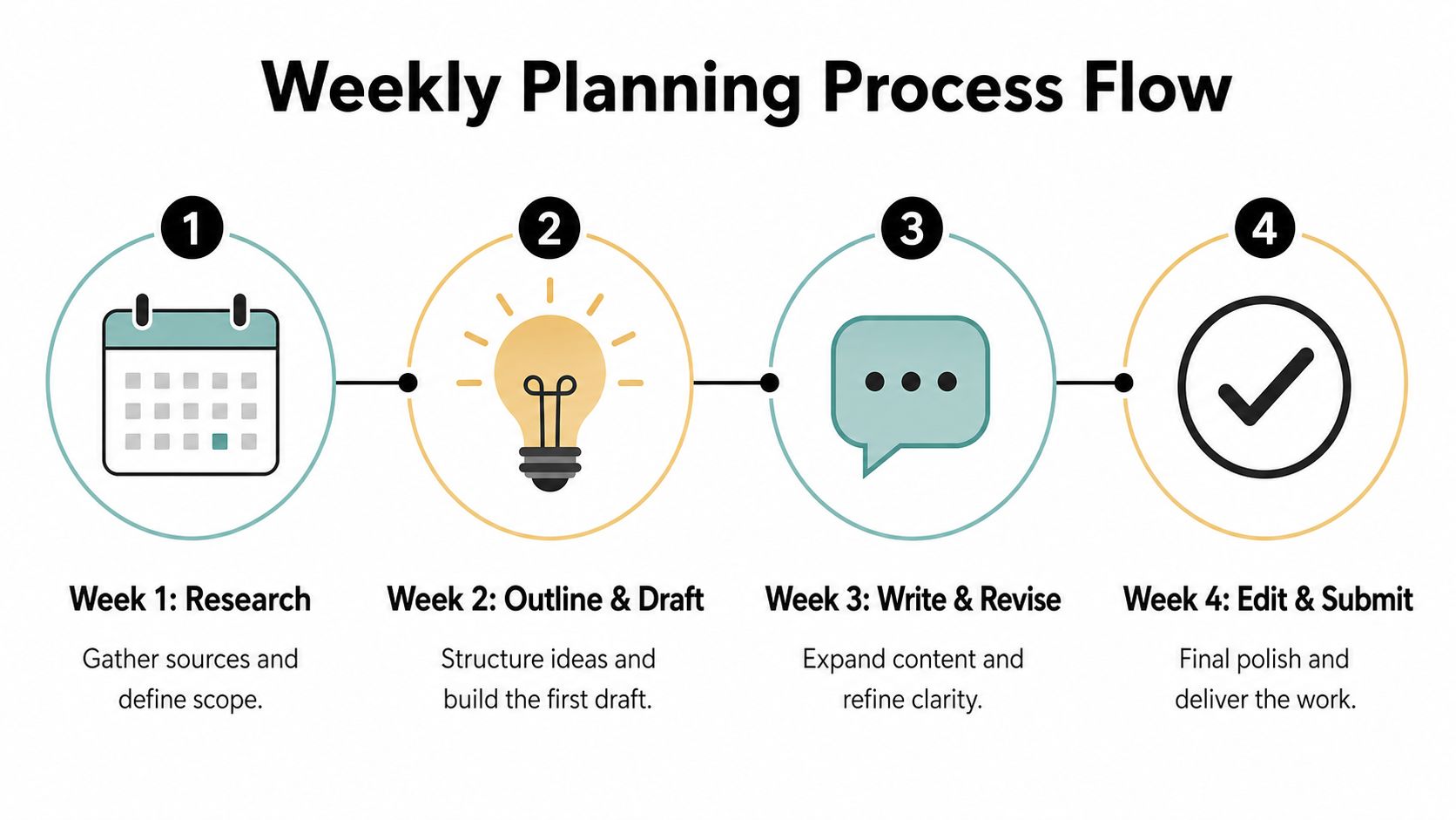 A four-step weekly planning process flow infographic illustrating stages from research to final assignment submission.
