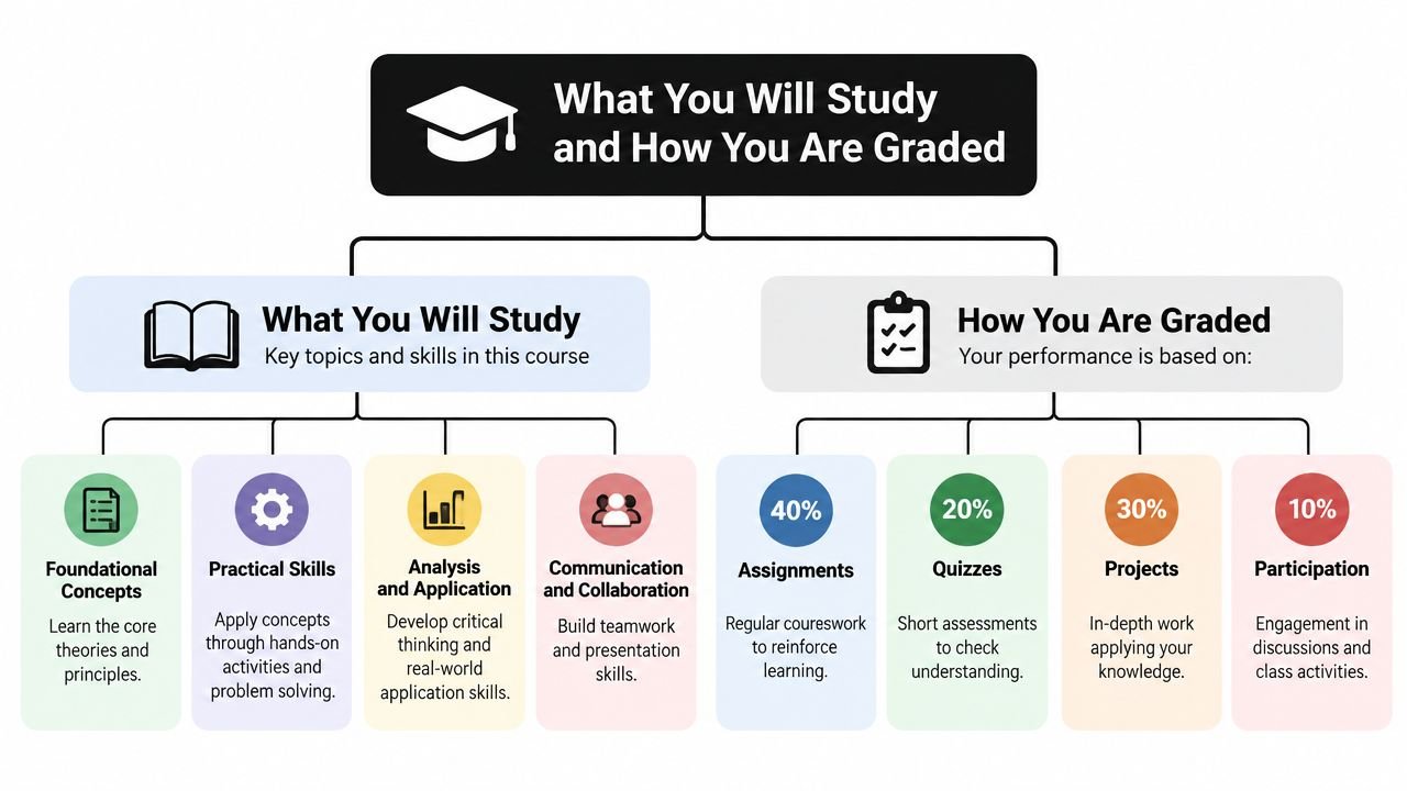 An infographic titled What You Will Study and How You Are Graded explaining course curriculum and grading structure.
