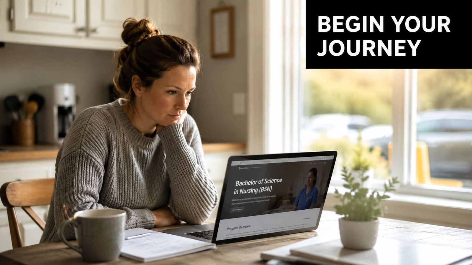 A focused woman looks at a laptop displaying a Bachelor of Science in Nursing program website at home.