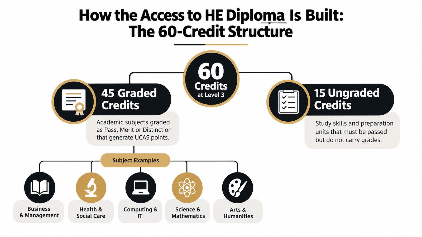A diagram illustrating the structure of the Access to Higher Education Diploma, consisting of 60 total credits.