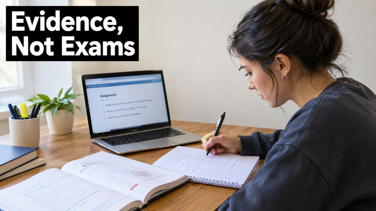 A young woman studying at a wooden desk with a laptop, textbook, and a notebook for writing.