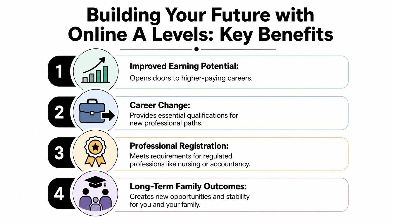 An infographic showing four key benefits of taking online A levels for professional and personal growth.