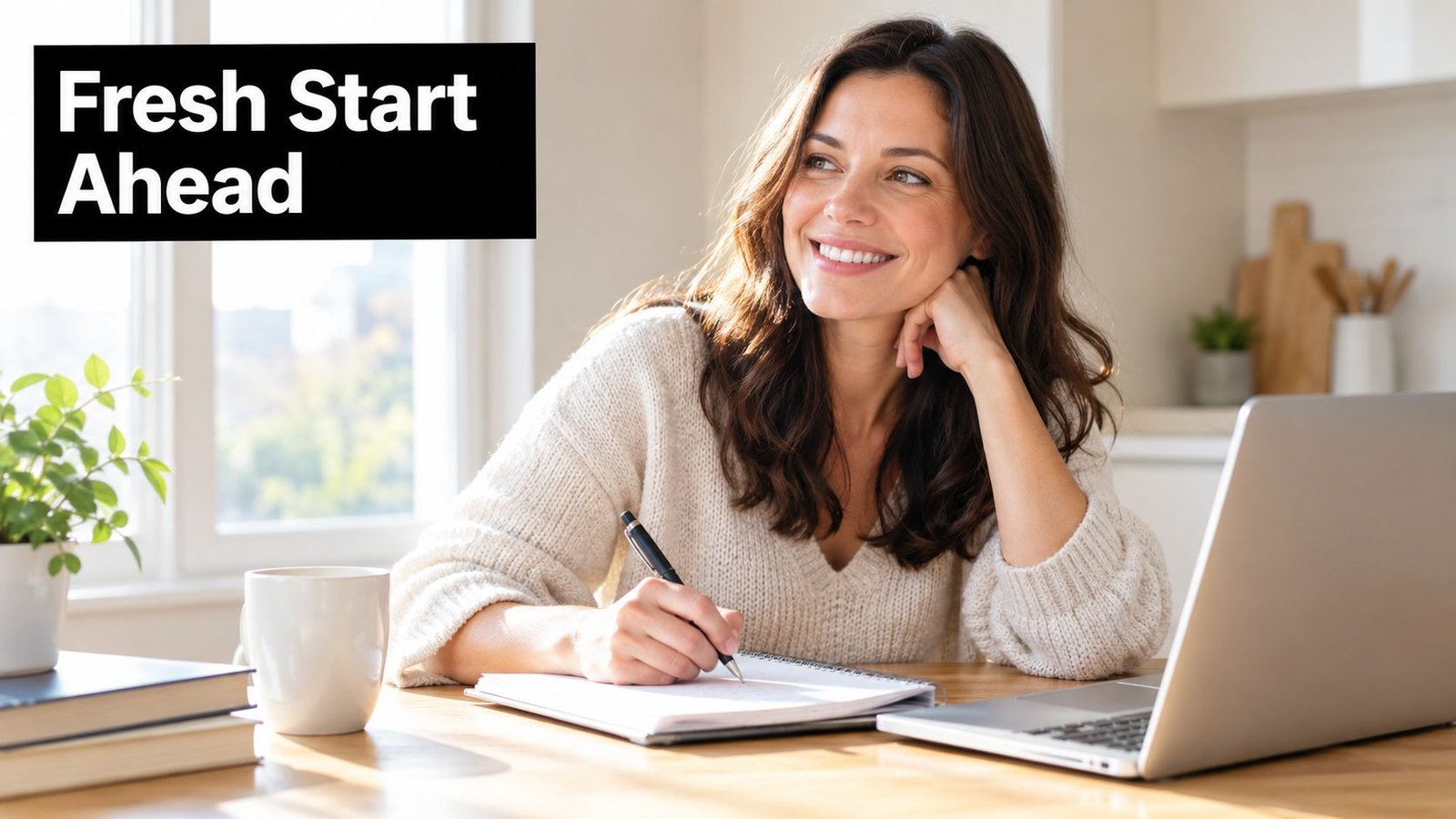 A smiling woman sits at a wooden table, writing in a notebook next to her laptop computer.