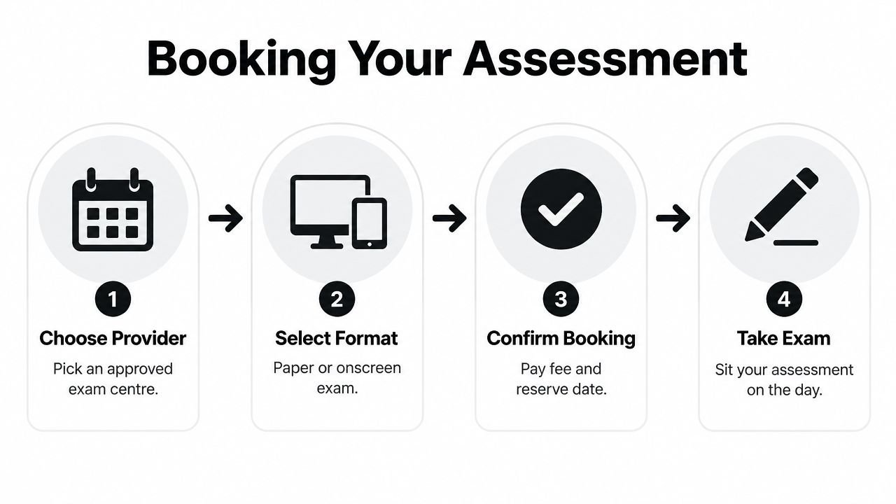 A four-step infographic illustrating the process of booking a functional skills English assessment from provider to exam.