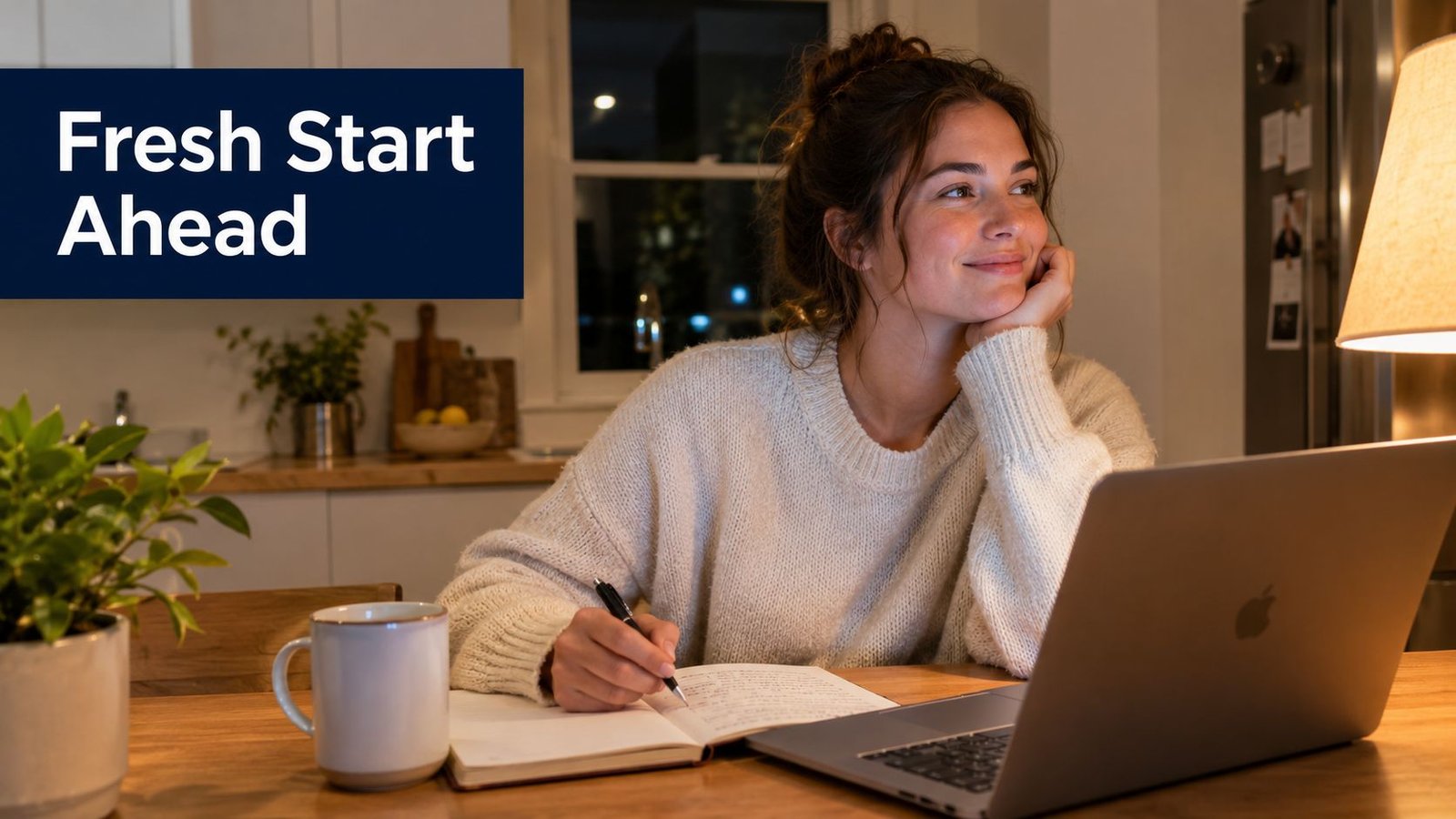 A smiling young woman sits at a wooden table, writing in a notebook next to her laptop.