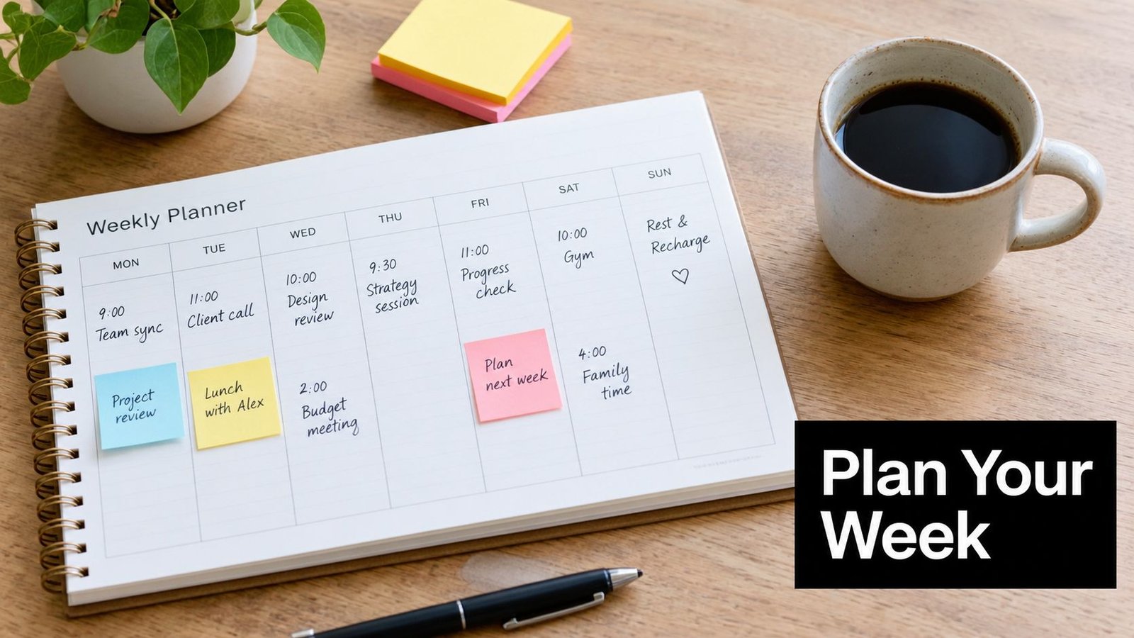 A weekly planner notebook opened on a wooden desk with a coffee mug and a pen.