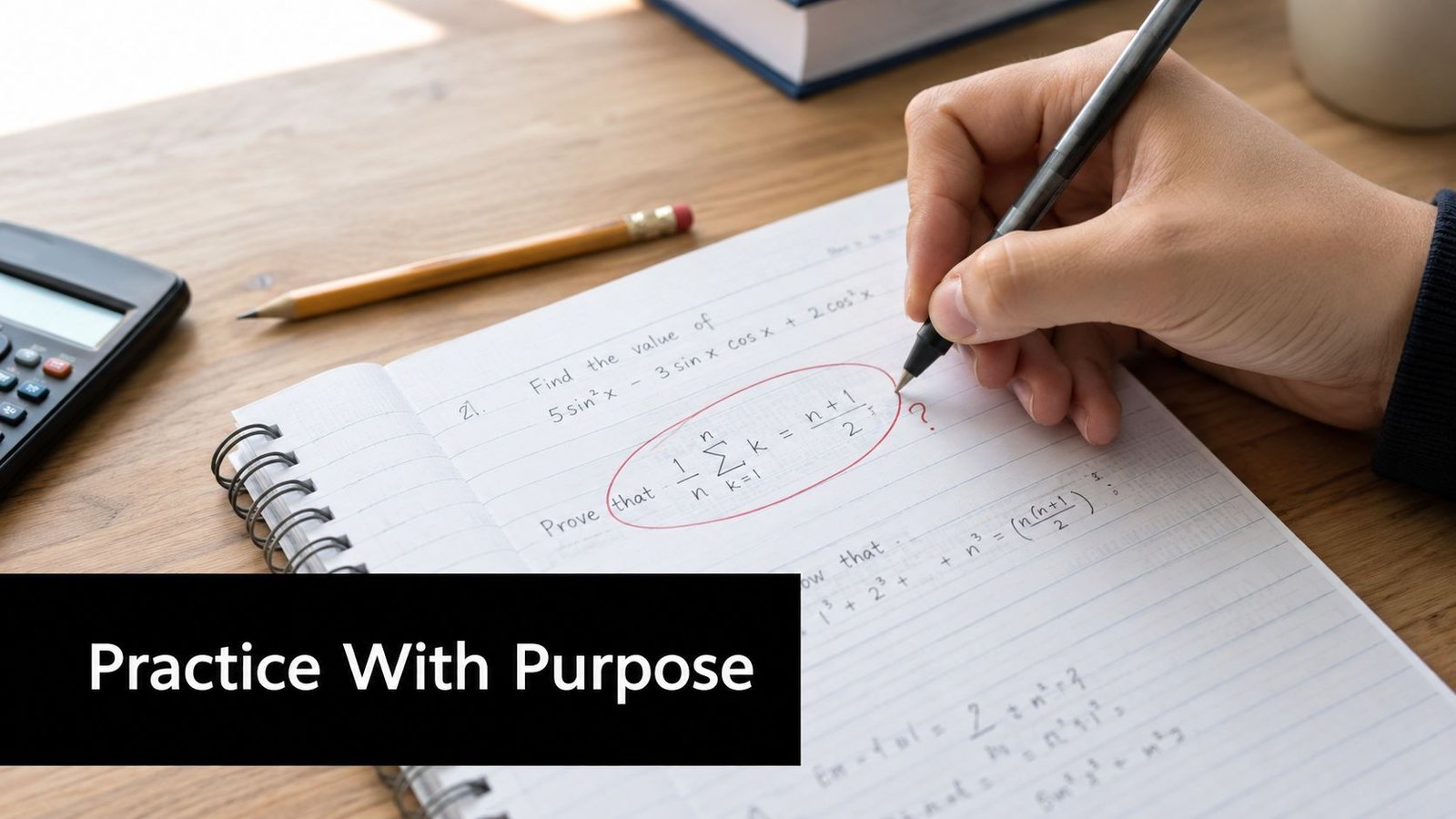 A close-up view of a person solving mathematical equations in a notebook on a wooden desk.